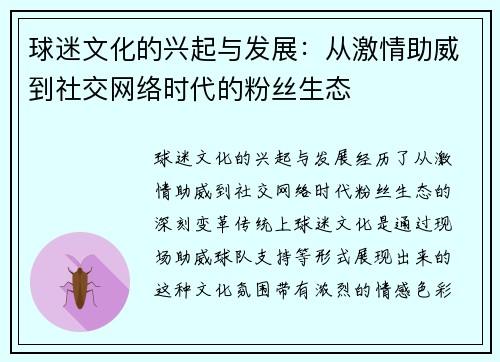 球迷文化的兴起与发展：从激情助威到社交网络时代的粉丝生态